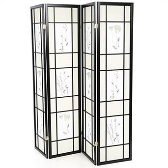 Black 4-panel Room Divider Shoji Screen With Asian Floral Print