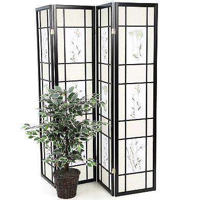 Black 4-panel Room Divider Shoji Screen With Asian Floral Print