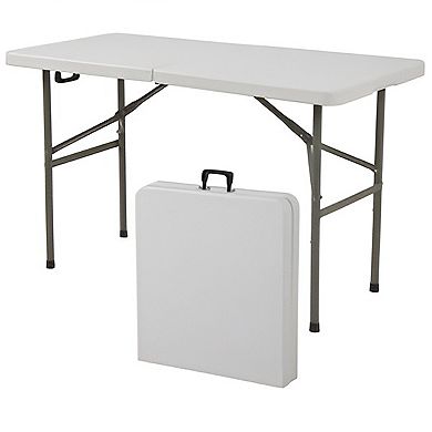 Portable 4 Foot Folding Table White with Rubber-Tipped Legs and Carry Handle for Indoor Outdoor