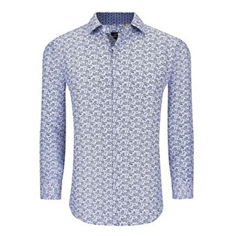 Azaro Uomo Men Slim Fit Four-way Stretch Geometric Long Sleeve Button Down