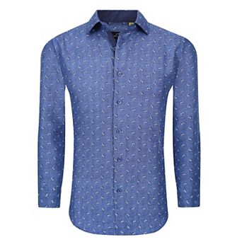 Azaro Uomo Men Slim Fit Four-way Stretch Geometric Long Sleeve Button Down