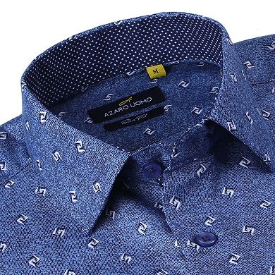 Azaro Uomo Men Slim Fit Four-way Stretch Geometric Long Sleeve Button Down