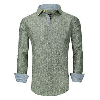Azaro Uomo Men Slim Fit Four-way Stretch Geometric Long Sleeve Button Down