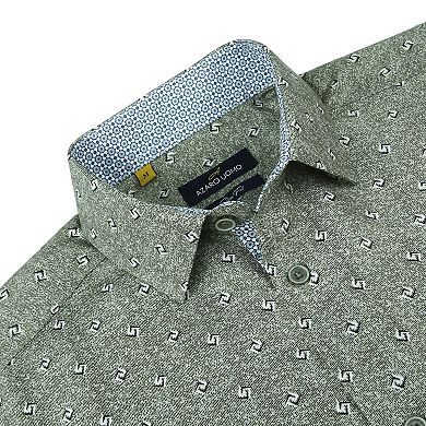 Azaro Uomo Men Slim Fit Four-way Stretch Geometric Long Sleeve Button Down
