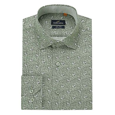Azaro Uomo Men Slim Fit Four-way Stretch Geometric Long Sleeve Button Down