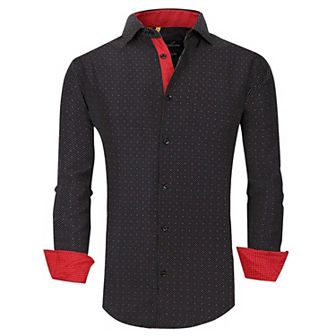 Azaro Uomo Men Slim Fit Four-way Stretch Geometric Long Sleeve Button Down