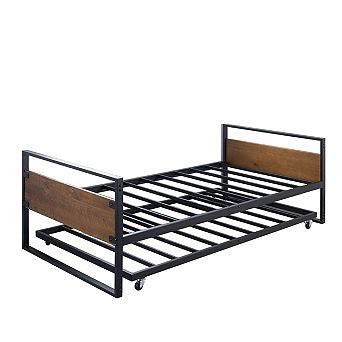 Twin Size Metal Wood Daybed Frame With Roll Out Trundle Bed