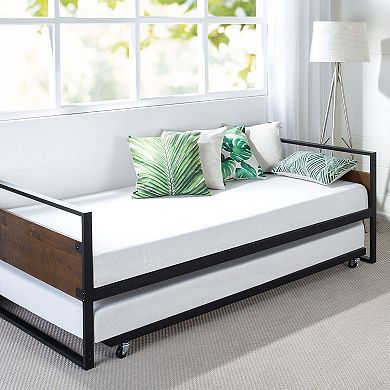 Twin Size Metal Wood Daybed Frame With Roll Out Trundle Bed