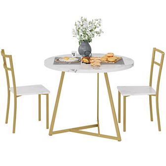 Round Kitchen Chairs for 2 Modern Dining Room Table Set for Small Space, Marble White and Gold