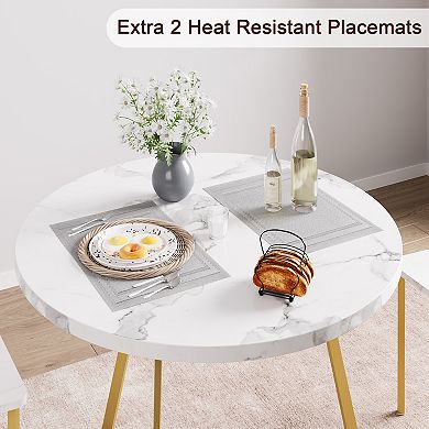 Round Kitchen Chairs for 2 Modern Dining Room Table Set for Small Space, Marble White and Gold
