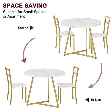 Round Kitchen Chairs for 2 Modern Dining Room Table Set for Small Space, Marble White and Gold