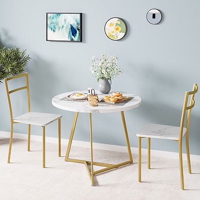 Round Kitchen Chairs for 2 Modern Dining Room Table Set for Small Space, Marble White and Gold