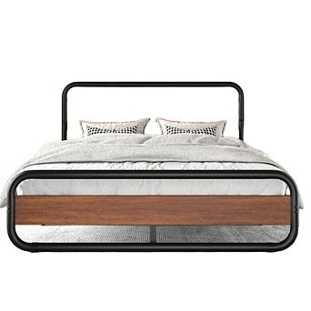 Full Heavy Duty Industrial Modern Metal Wood Platform Bed Frame With Headboard