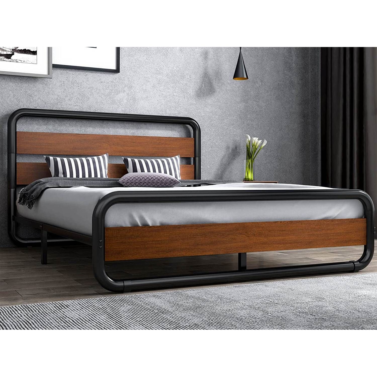 Full Heavy Duty Industrial Modern Metal Wood Platform Bed Frame With ...