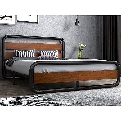 Full Heavy Duty Industrial Modern Metal Wood Platform Bed Frame With Headboard