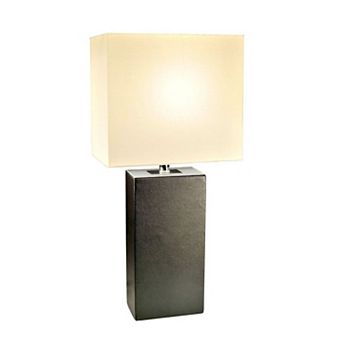 Black Leather Table Lamp with White Shade 21-Inch Accent Lighting for Living Room or Bedroom