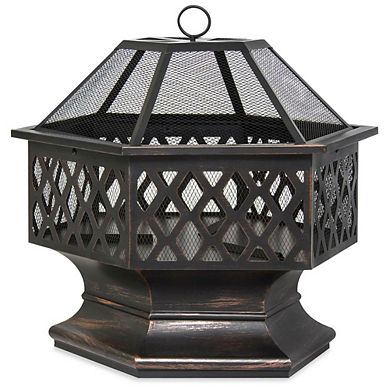 24 Inch Steel Distressed Bronze Lattice Design Fire Pit With Cover