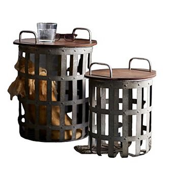 Rustic Metal And Wood Side Basket Tables - Set of 2