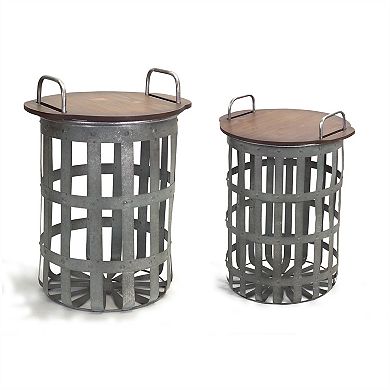 Rustic Metal And Wood Side Basket Tables - Set of 2
