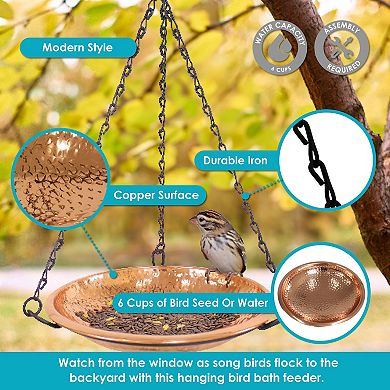 Sunnydaze Copper Hand-hammered Hanging Bird Bath Or Bird Feeder With Chain