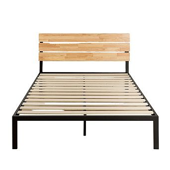 King Size Modern Metal Platform Bed Frame With Wood Headboard And Slats