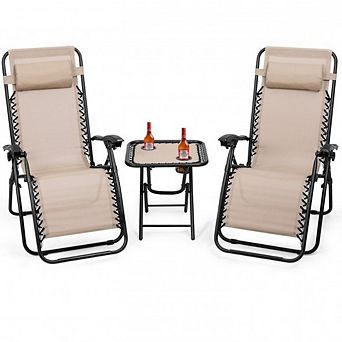 3 pc Folding Portable Reclining Lounge Chairs Table Set Tan