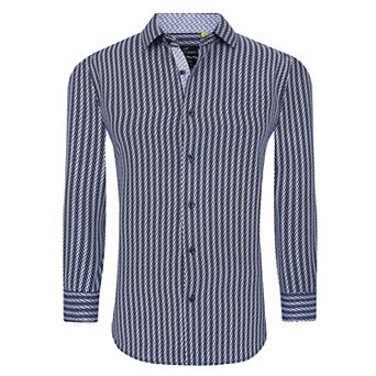Azaro Uomo Men Slim Fit Four-way Stretch Geometric Long Sleeve Button Down