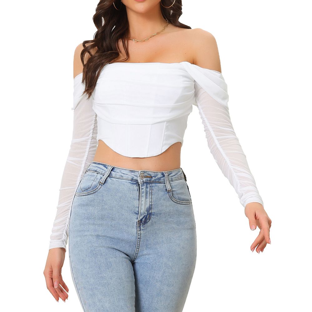 Women's Mesh Sheer Long Sleeve Corset Crop Top Ruched Off Shoulder