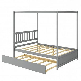 Grey Full Size Canopy Platform Bed With Twin Roller Trundle Bed