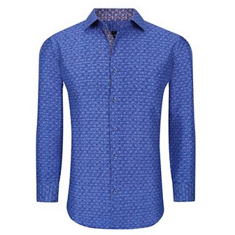Azaro Uomo Men Slim Fit Four-way Stretch Geometric Long Sleeve Button Down