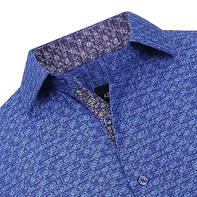 Azaro Uomo Men Slim Fit Four-way Stretch Geometric Long Sleeve Button Down