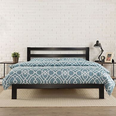 Queen Heavy Duty Metal Platform Bed Frame With Headboard And Wood Slats