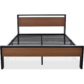 Queen Metal Platform Bed With Walnut Finish Wood Panel Headboard Footboard