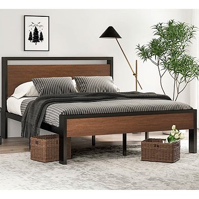 Queen Metal Platform Bed With Walnut Finish Wood Panel Headboard Footboard