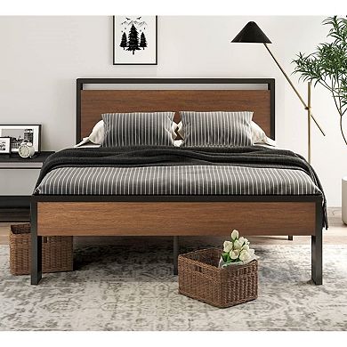 Queen Metal Platform Bed With Walnut Finish Wood Panel Headboard Footboard