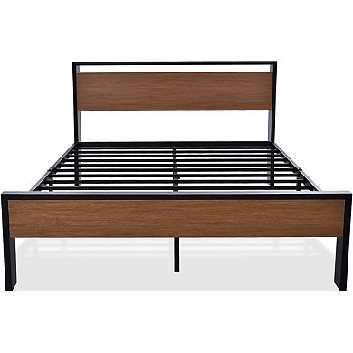 Queen Metal Platform Bed With Walnut Finish Wood Panel Headboard Footboard