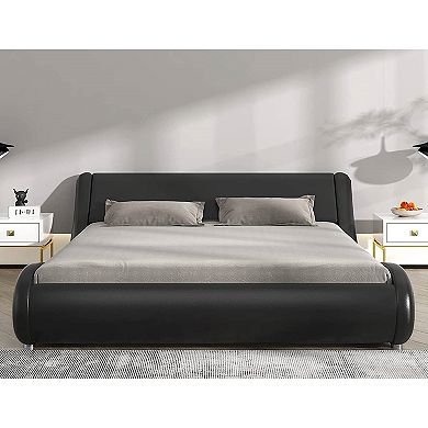 Queen Modern Black Faux Leather Upholstered Platform Bed Frame With Headboard