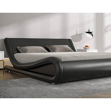 Queen Modern Black Faux Leather Upholstered Platform Bed Frame With Headboard
