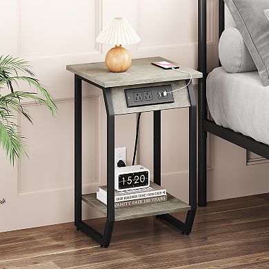 Side Table with Charging Station, Sturdy Bedside Nightstand