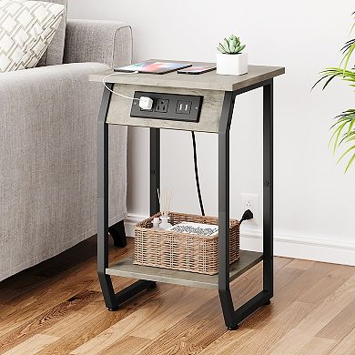 Side Table with Charging Station, Sturdy Bedside Nightstand
