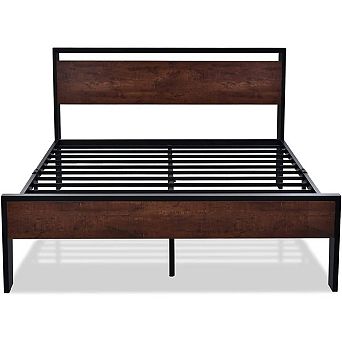 King Metal Platform Bed Frame With Mahogany Wood Panel Headboard Footboard