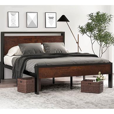 King Metal Platform Bed Frame With Mahogany Wood Panel Headboard Footboard
