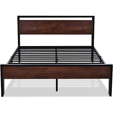 King Metal Platform Bed Frame With Mahogany Wood Panel Headboard Footboard
