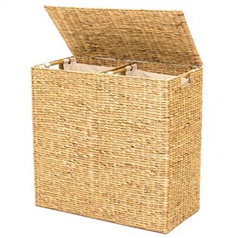 Natural 2-bin Handwoven Hyacinth Linen Liner Laundry Hamper W/ Handles