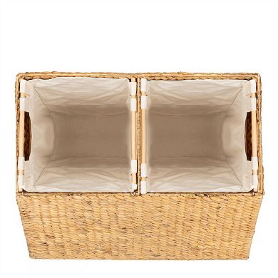 Natural 2-bin Handwoven Hyacinth Linen Liner Laundry Hamper W/ Handles