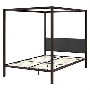 Queen Size Brown Metal Canopy Bed Frame With Grey Upholstered Headboard