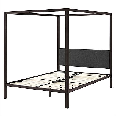 Queen Size Brown Metal Canopy Bed Frame With Grey Upholstered Headboard