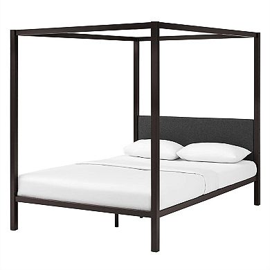 Queen Size Brown Metal Canopy Bed Frame With Grey Upholstered Headboard