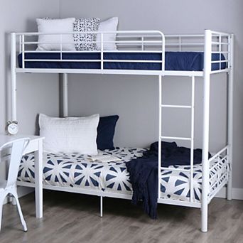 Twin Over Twin Sturdy Steel Metal Bunk Bed In White Finish