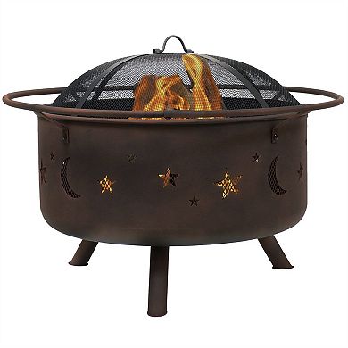 Moon Stars Steel Fire Pit Bowl with Cooking Grate, Spark Screen, and Fire Poker, Dark Brown, 29.5"